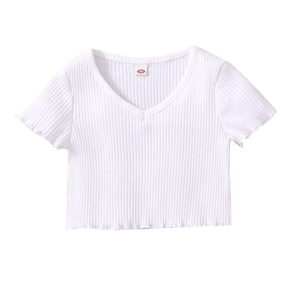 Mercatoo Cute Crop Tops for Girls Toddler Short Sleeve V Neck Crop T-Shirts Solid Ribbed Shirts Infant Kids Baby Girls' Clothing