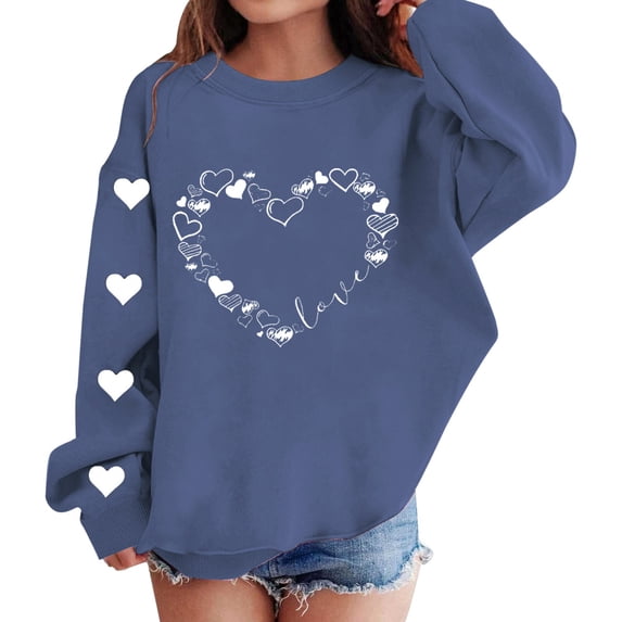Mercatoo Cute Valentines Day Sweatshirts for Girls Oversized Heart Graphic Print Crewneck Prepp1 Tops Youth Cute Soft Pullovers