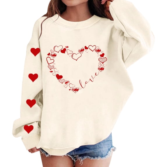 Mercatoo Cute Valentines Day Sweatshirts for Girls Oversized Heart Graphic Print Crewneck Prepp1 Tops Youth Cute Soft Pullovers