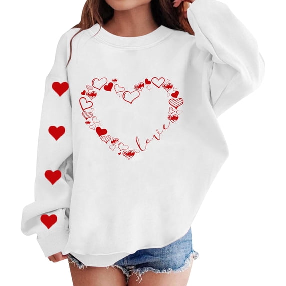 Mercatoo Cute Valentines Day Sweatshirts for Girls Oversized Heart Graphic Print Crewneck Prepp1 Tops Youth Cute Soft Pullovers