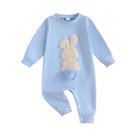 Mercatoo Easter Baby Boy Girl Outfit Embroidery Bunny 𝐑ompers Bunny Tail Jumpsuit Unisex Newborn Infant Easter Clothes Soft Bodysuits
