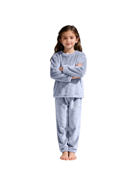 Fleece 𝐏ajamas for Toddler Girl Boy Winter Furry Outfits Crewneck Sweatshirt + Pants Fuzzy 𝐏a𝐣ama Set Soft Plush Clothing