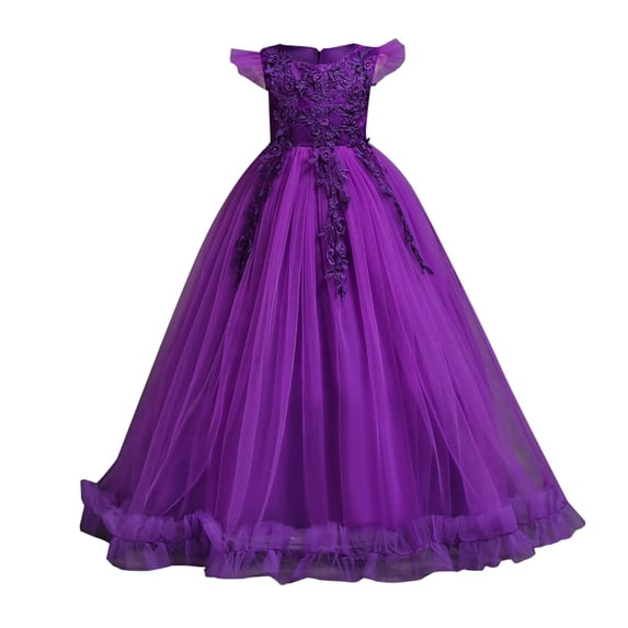 Mercatoo Girl Dress Spring/Summer Solid Color Flying Sleeve Embroidery Back ZipperBow Birthday Pšrty Retro Dress