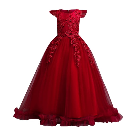 Mercatoo Girl Dress Spring/Summer Solid Color Flying Sleeve Embroidery Back ZipperBow Birthday Pšrty Retro Dress