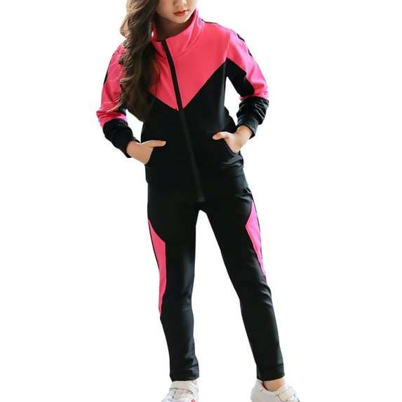 Mercatoo Girl's 2 Piece Outfits Zip Up Sweatsuit Contrast Striped Sweatshirt Sweatpant Sets Jogging Tracksui𝘁 Boys Athletic Jogger Set