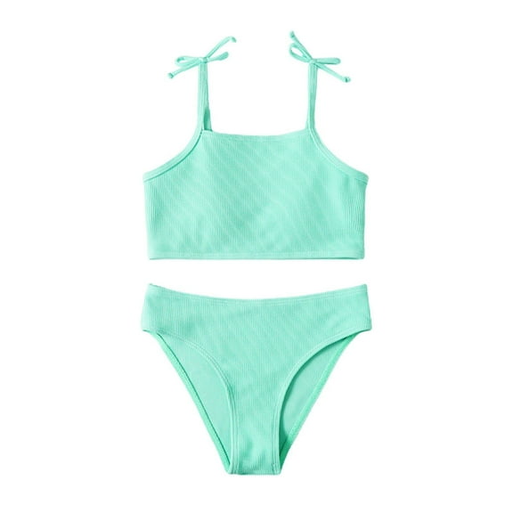 Mercatoo Girl's 2 𝐏iece High Waisted Spaghetti Strap Ribbed Swimsuit Adjustable Bathing Suit Bikini Sets Teen Beach Swimwear