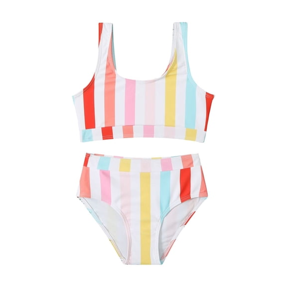 Mercatoo Girl's 2Pcs Outfit Swimsuit Colorful Vertical Stripes High Waist Bikini Set Bathing Suit Toddler Girls Beach Swimwear