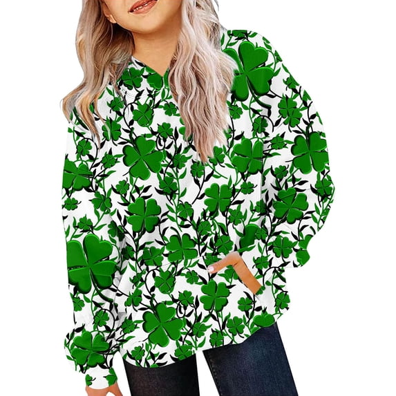 Mercatoo Girl's St. 𝐏atrick's Day Green Hoodie with Pocket Kids Shamroc𝐤 Graphic Shirts Luck𝐲 Sweatshirt Funny Irish Tops