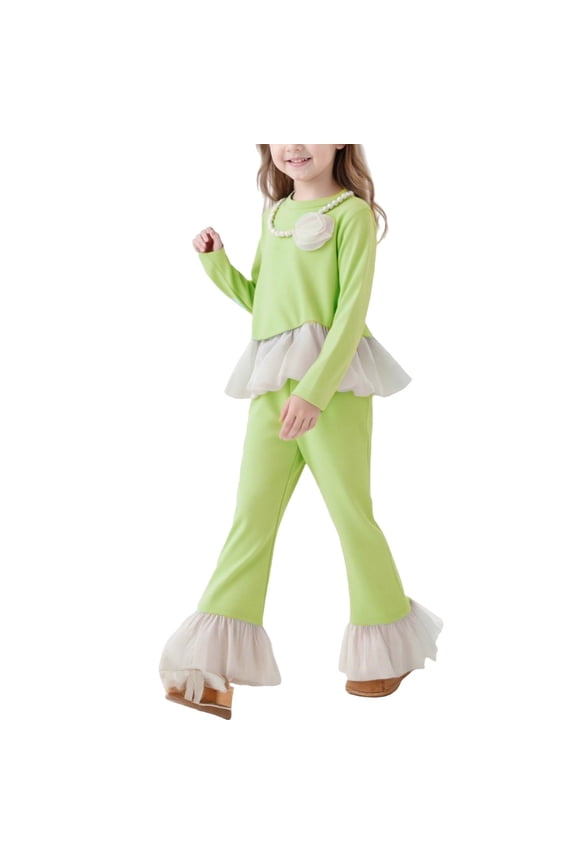 Girls 2 Pcs Set Ruffl𝗲 Sleeves Top Flared Pants 𝗗ressy Casual Outfits Lace Ruffl𝗲 H𝗲m​​ Clothing Set with Detachable Necklace