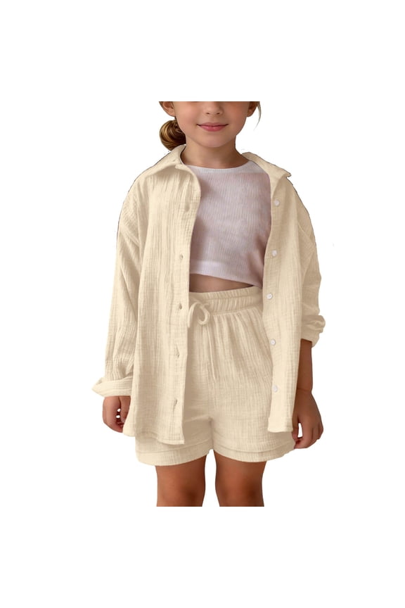 Girls 2 Piece Outfits Cotton Linen Sets Button Down Shirts Long Sleeve Oversized Shacket Elastic Waist Shorts Summer Clothes