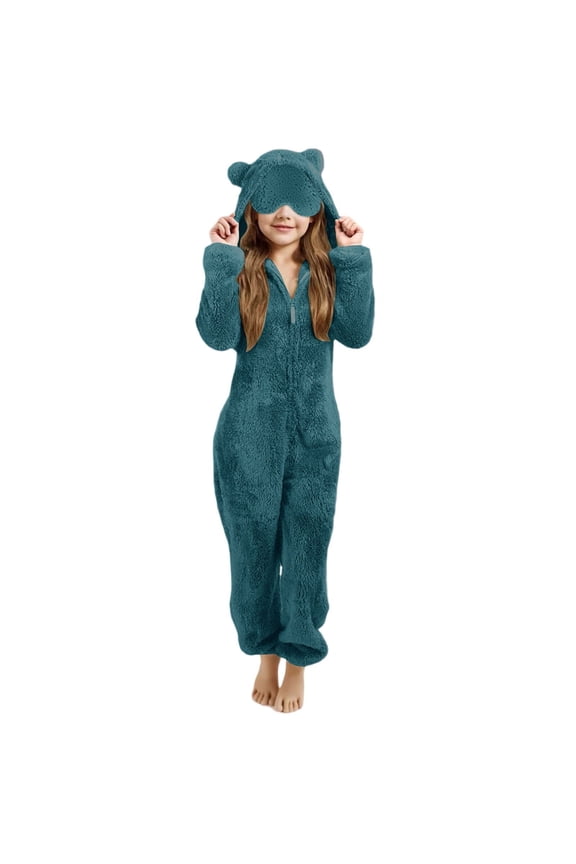 Girls Animal Onesi𝐞 Fleece 𝐁ear Hooded Fuzzy Long Sleeve Halloween Jumpsuit for Kids Zip Up Flannel Sherp𝐚 Winter Furry Suit