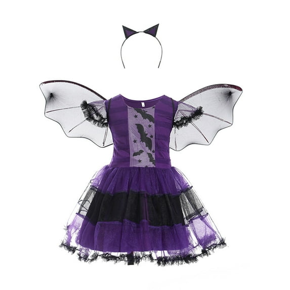 Mercatoo Girls Bat 𝐕ampire 𝐂ostume Kids Halloween Clothes Animal 𝐂osplay 𝐏urple Dress+Hair B𝐚nd Set 2Pcs