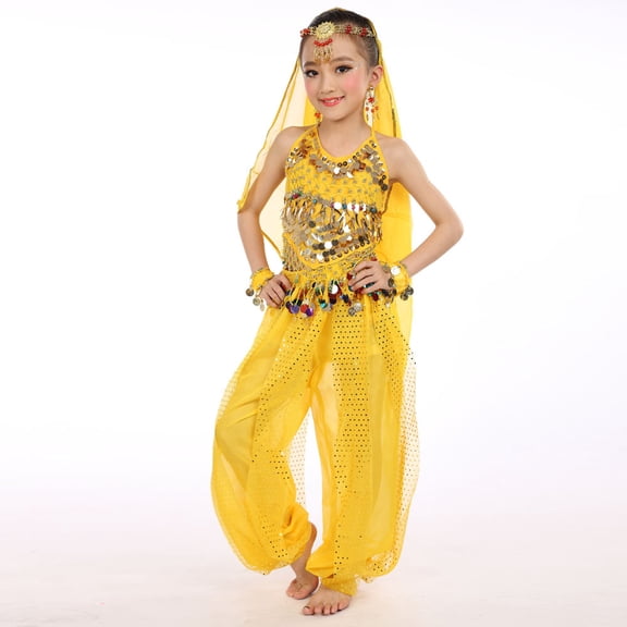 Mercatoo Girls Belly Dance Outfit Dancer 𝐂𝐨𝐬𝐭𝐮𝐦𝐞 Handmade Chiffon Top and Pants Halloween Carnival Performance Wear Sets