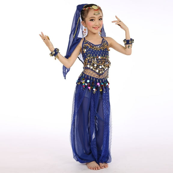 Mercatoo Girls Belly Dance Outfit Dancer 𝐂𝐨𝐬𝐭𝐮𝐦𝐞 Handmade Chiffon Top and Pants Halloween Carnival Performance Wear Sets