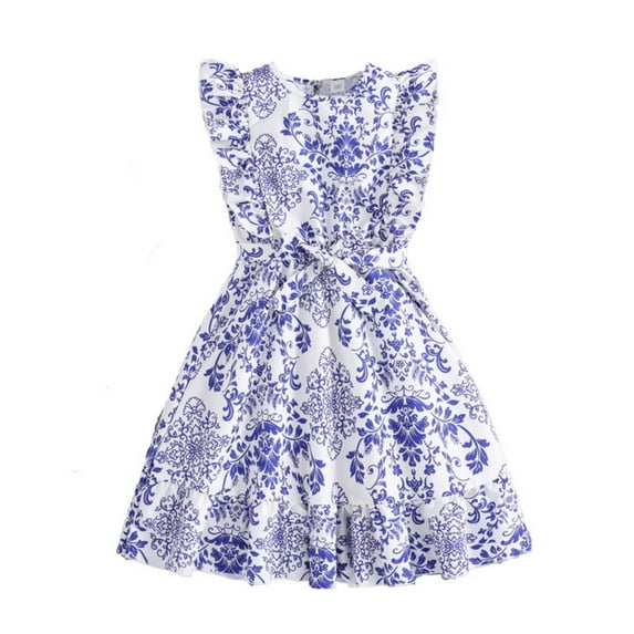Mercatoo Girls Big Kids š
loral Print Ruffled Sleeveless Dresses Cotton Soft Lightweight Casual Suš§dress with Bowknot Belt