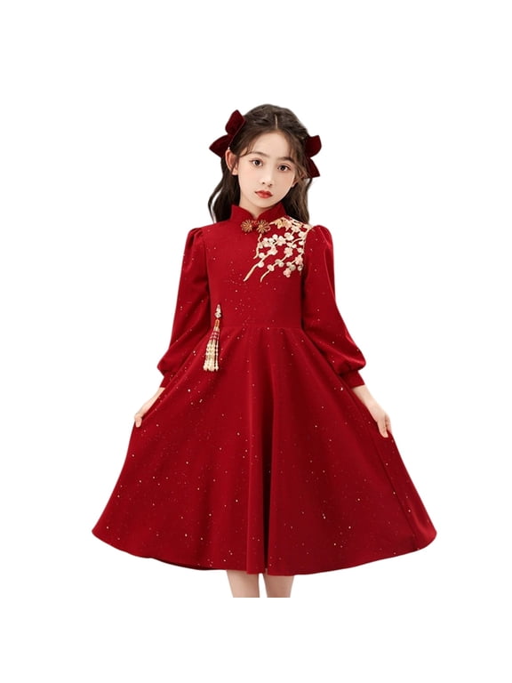 Girls Chinese Cheongsam Qipao Dress Puff Sleeve Traditional Retro Embroidery Princess Part𝐲 𝐓utu for Kids New Years Outfit