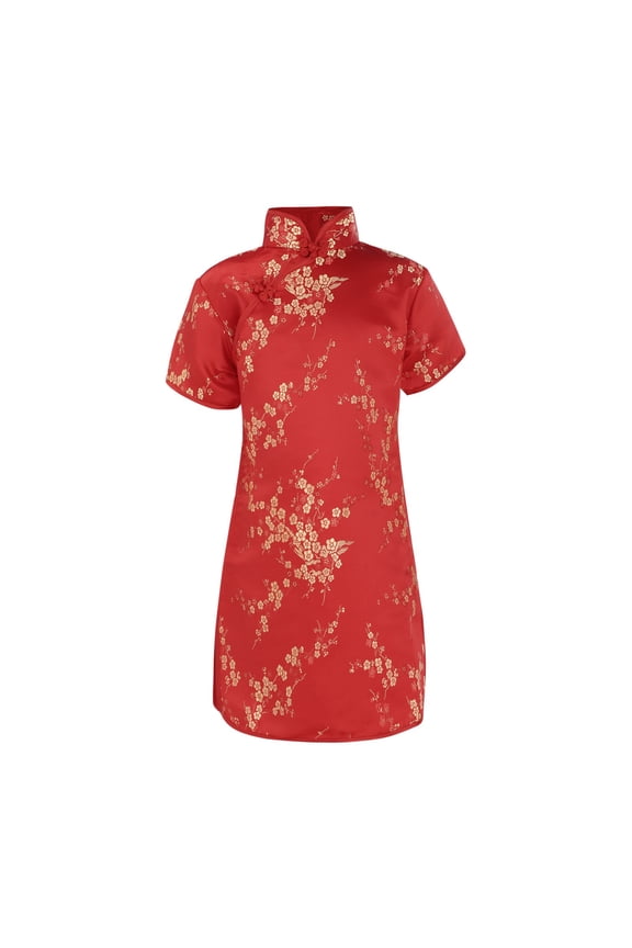 Girls Chinese Floral Cheongsam Dress Elegant Chinese Traditional Short Sleeve Dress Cute Slim Qipao Dresses