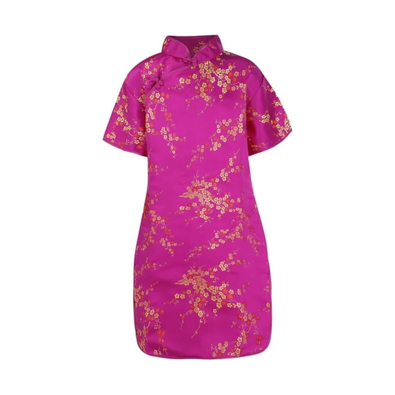Mercatoo Girls Chinese Floral Cheongsam Dress Elegant Chinese Traditional Short Sleeve Dress Cute Slim Qipao Dresses