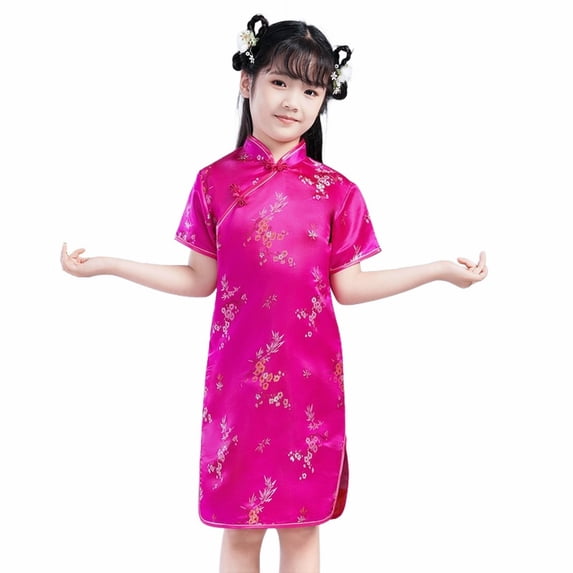 Mercatoo Girls Chinese Qipao Dress 𝐅loral Short Sleeve Slim Fit Cheongsam Dresses New Years Outfits Tradtional Clothing Performance
