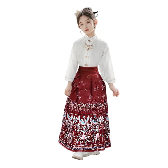 Mercatoo Girls Chinese Traditional Dress Outfits 2 Piece Thin Soft Shirt Embroidery Skirts Suits Kids Elegant Christmas Clothes