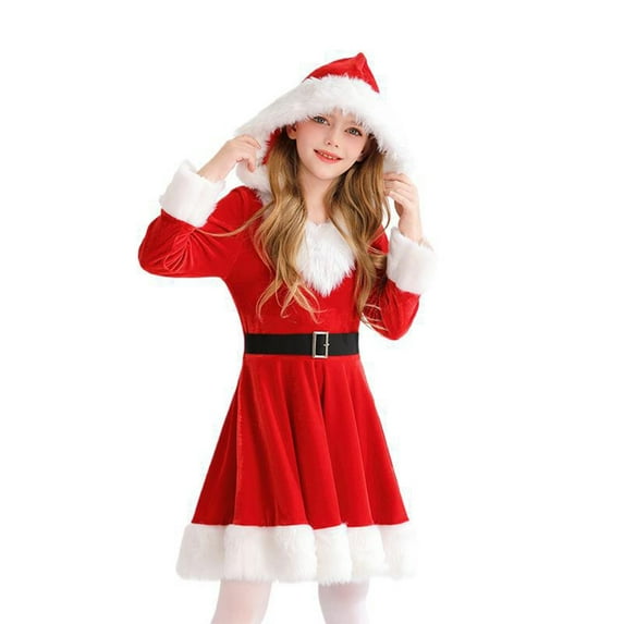 Mercatoo Girls Christmas Santa Dress Teen Cute Fleece Hooded Velvet Pleated Dress Winter Warm Stage Performance Dresses