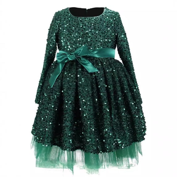 Mercatoo Girls Christmas Sequin Dress Flower Tulle Layered Long Sleeve Crewneck Skirt Kids Cute Birthday Partš² Holiday Dresses