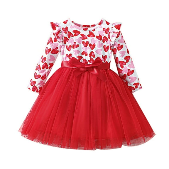 Mercatoo Girls Cute Heart Print Tulle Tutu Dresses Long Sleeve Round Neck Princess Dress Flower Girl 𝐑uffle Wedding Dress