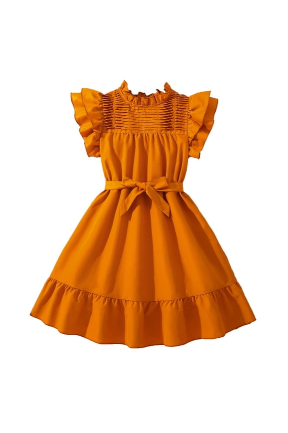 Girls Dresses 𝐅lutter Sleeve A-Line Smocked Dress with Belt Kids Cute Easter Dresses for Girls Spring Summer Clothes