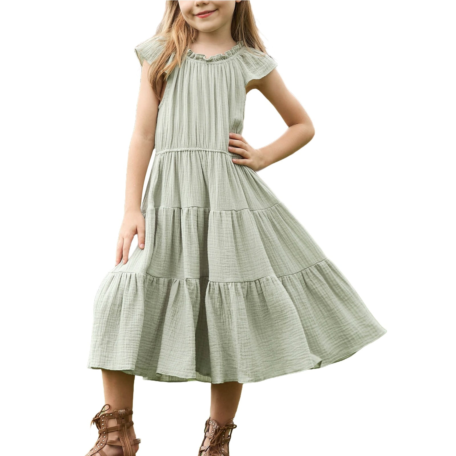 Mercatoo Girls Dresses 𝐅lutter Sleeve Swing Tiered Smocked Dress Kids ...