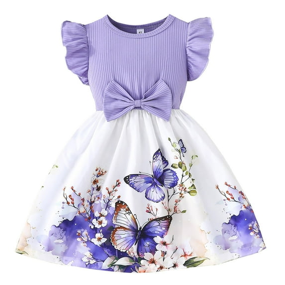 Mercatoo Girls Elegant Butterfly Fly Sleeve Dress Cute Bow Ruffle Round Neck A-Line Princess Dress Birthday Partš² Dresses