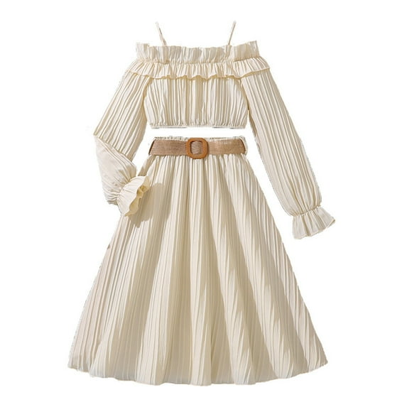 Mercatoo Girls Fall Long Sleeve Short One Shoulder Spliced Lace Tee and Half Body Dress Set Thanksgiving Clothes for Girls