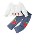 thumbnail image 1 of Mercatoo Girls Fall Strawberry Print Ruffle Long Sleeve Shirt Denim Pants 2Pcs Set Toddler Girls Winter Casual Outfits, 1 of 9