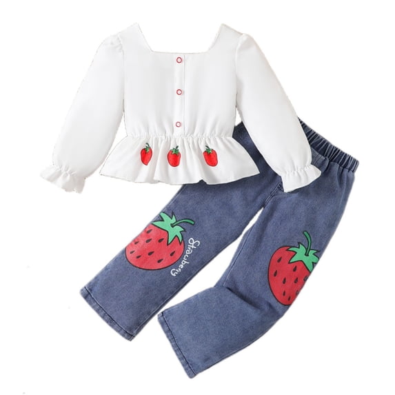 Mercatoo Girls Fall Strawberry Print Ruffle Long Sleeve Shirt Denim Pants 2Pcs Set Toddler Girls Winter Casual Outfits