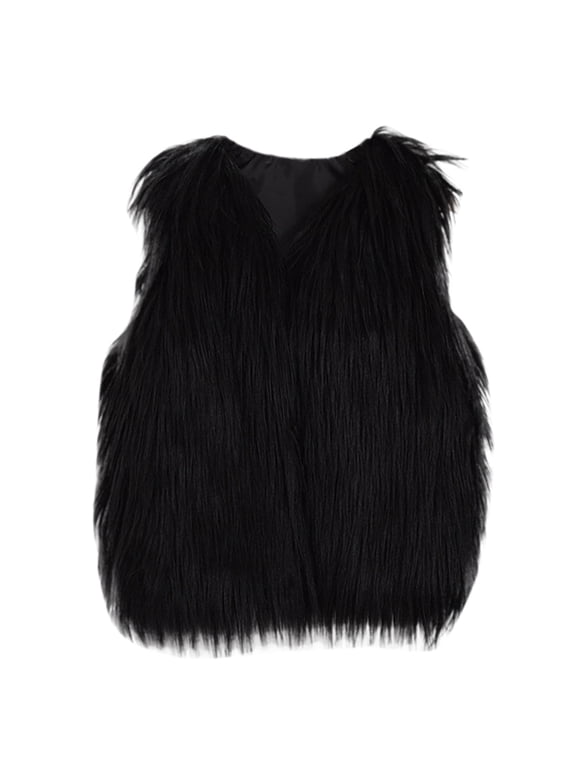 Kids Girls Shaggy Faux Fur Vest, Sleeveless Open Front Long Fluffy Furry Waistcoat, V-Neck Warm Faux Fur Gilet for Winter Party Costume Daily Layering Outfit