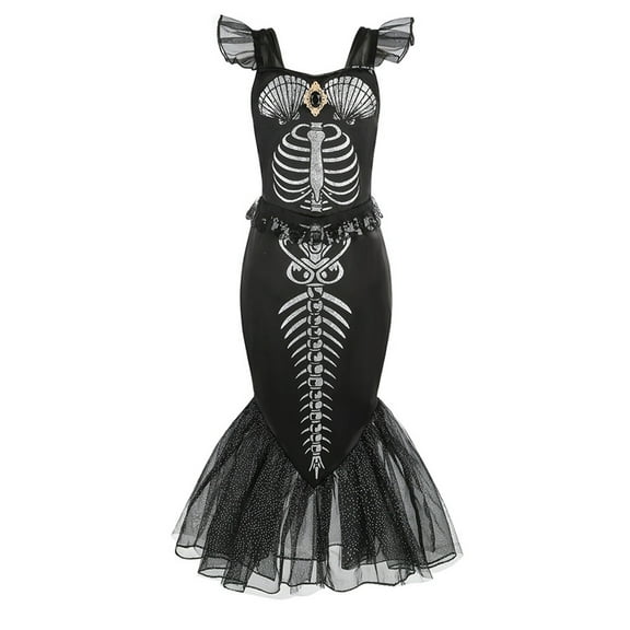 Mercatoo Girls Fish Skeleton 𝐂ostume Kids Black Dress Halloween 𝐂osplay Outfits with Accessories 𝐏𝐚rty Dress Up Mystical Dress