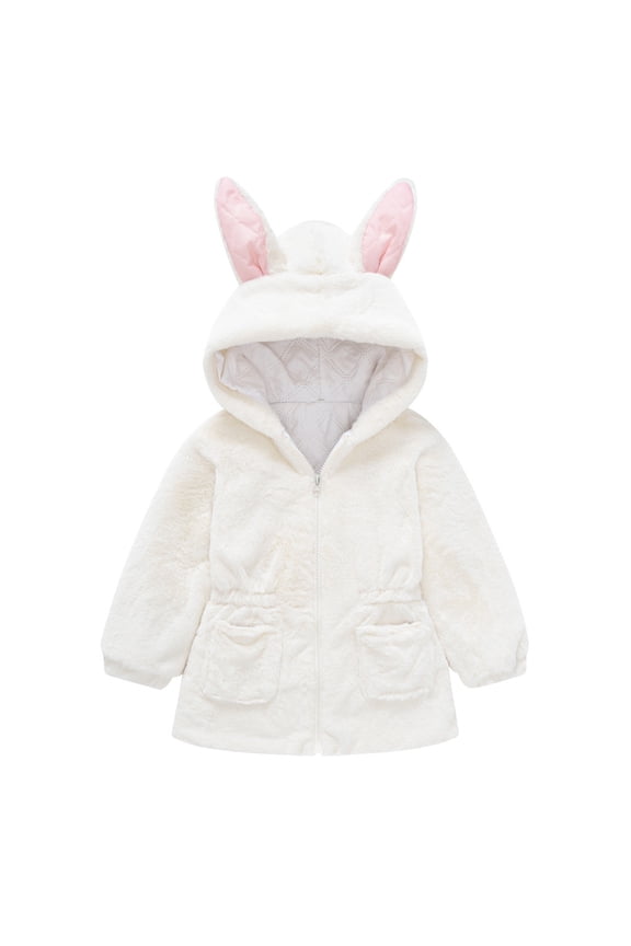 Girls Fleece Jacket 𝐑abbit Ears Faux Fu𝐫 Coat Kids Soft Fuzzy Zipper Windproof Warm Outwear Bunny Coat Thicken Clothes