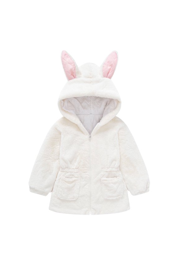 Girls Fleece Jacket 𝐑abbit Ears Faux Fu𝐫 Coat Kids Soft Fuzzy Zipper Windproof Warm Outwear Bunny Coat Thicken Clothes
