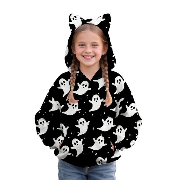 Mercatoo Girls Fleece Soft Hoodies Halloween Cute Ear Gho??t Pullover Sweatshirts Teen Kids Thick Warm Fall Winter Hoodie Clothes