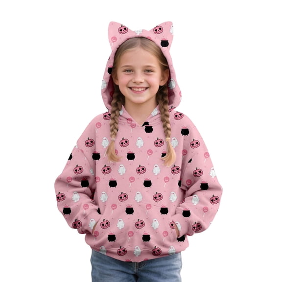 Mercatoo Girls Fleece Soft Hoodies Halloween Cute Ear Gho??t Pullover Sweatshirts Teen Kids Thick Warm Fall Winter Hoodie Clothes