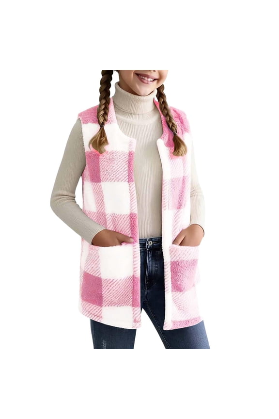 Girls Fleece Vest Kids Plaid Fuzzy Sherp1 Open Front Shacket Lightweight Sleeveless Jacket Teens Trendy Warm Outwear