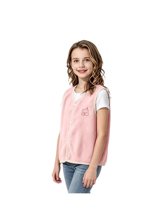 Girls Fleece Vest V-Neck Snap Button Sleeveless Top with Cute Embroidery Kids Lightweight Warm Layering Outerwear for Fall