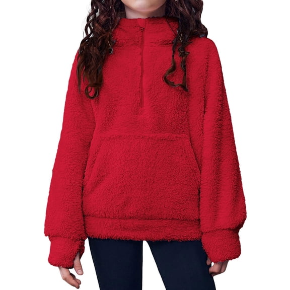 Mercatoo Girls Fuzzy Hoodies Half Zip Sh𝐞rpa Pullover Sweatshirt Fleece Cozy Outwear Coat with Pockets Kids Soft Long Sleeve Top