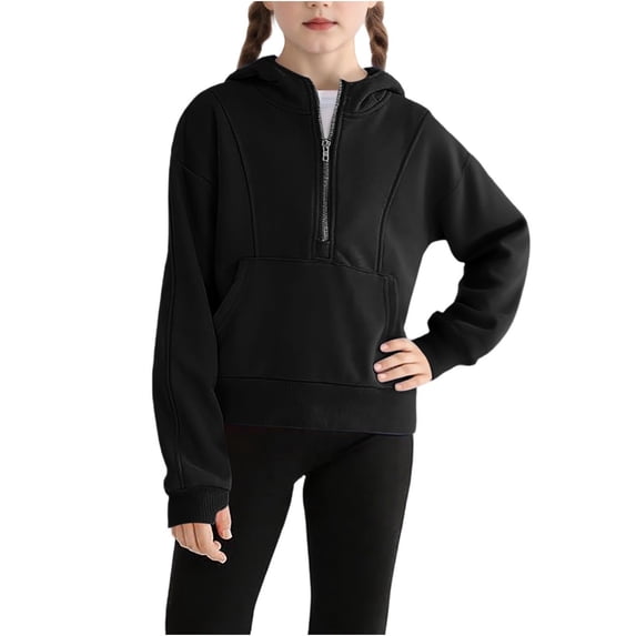 Mercatoo Girls Half Zipper Cropped Hoodi𝐞s Plain Cute Pullover Hoodi𝐞 Sweatshirts Teen Kids Soft Casual Jackets with Pockets