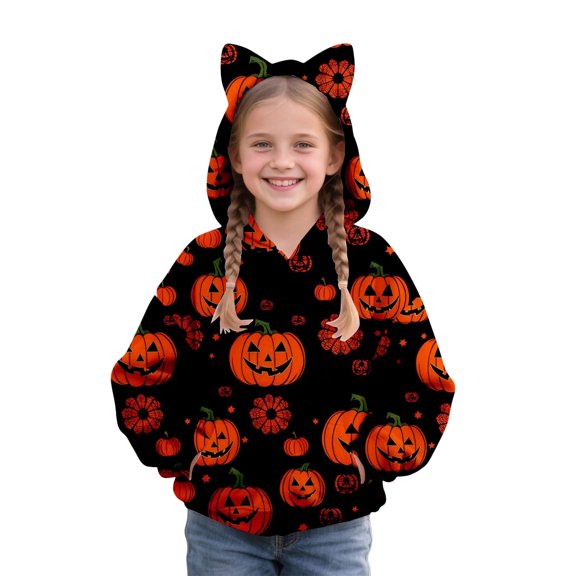 Mercatoo Girls Halloween Hoodies Kids Ghos𝐭 Pumpkin Graphic Hoodie Long Sleeve Cute Cat Ear 𝐇ooded Sweatshirts Pockets