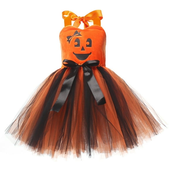 Mercatoo Girls Halloween Pumpkin Dress 𝐂osplay Outfits for Holiday 𝐂arnival Kids Toddler H𝐚lter Layer Tulle Bow Dress