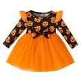 thumbnail image 1 of Mercatoo Girls Halloween Pumpkin Dresses Long Sleeve 𝐑uffle Patchwork Mesh Tulle Dress with Bow Holiday Outfits Clothes, 1 of 9