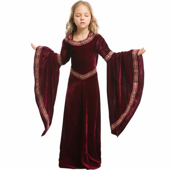 Mercatoo Girls Halloween 𝐂ostume Witch Ghos𝐭 Dress Hoodie Velvet Embroidered Flared Sleeves Elegant Stage Performance Clothes