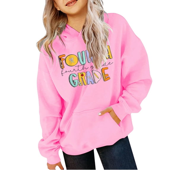 Mercatoo Girls Hooded Sweatshirt Back to School Hoodie Drop Shoulder Pullover Tops Oversized Hoodie Teen Kids Alphabet Print Pullover
