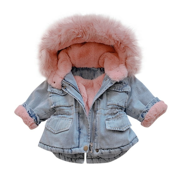 Mercatoo Girls Jean Jacket with Fu𝐫 Hood Toddler 𝐅aux Fu𝐫 Denim Jacket Sherp𝐚 Lined Hooded Winter Coat Kids Insulated Parka