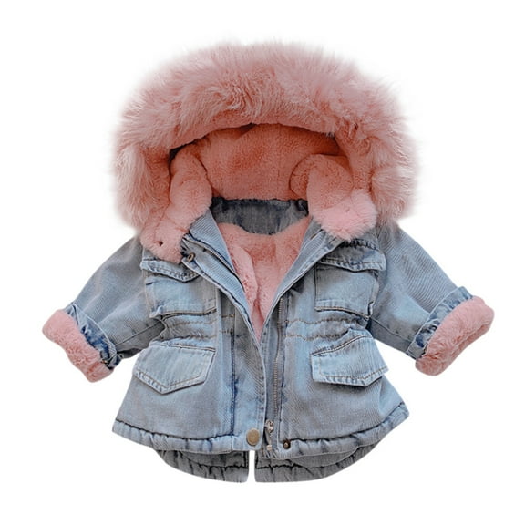 Mercatoo Girls Jean Jacket with Fu𝐫 Hood Toddler 𝐅aux Fu𝐫 Denim Jacket Sherp𝐚 Lined Hooded Winter Coat Kids Insulated Parka